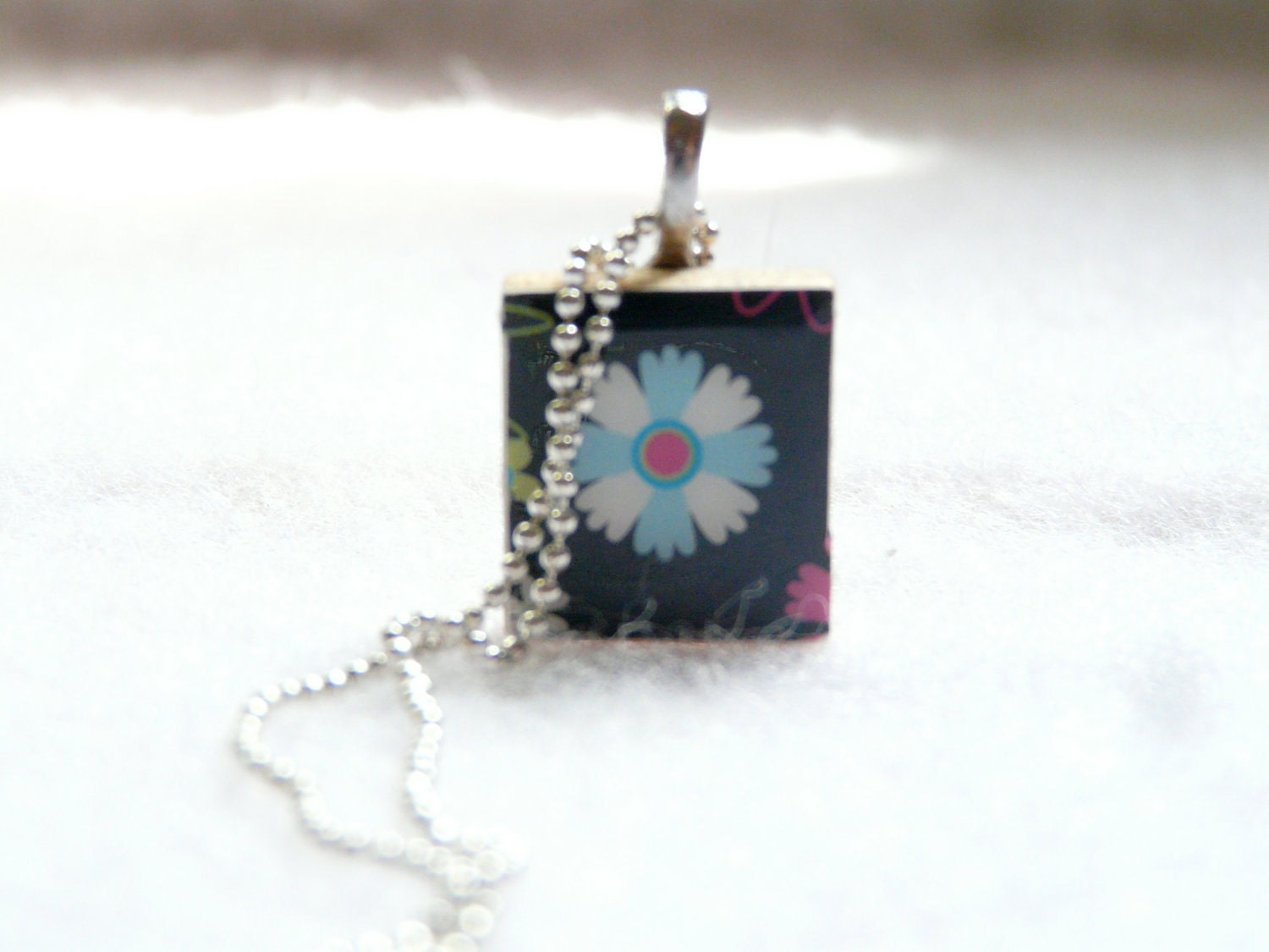 CLEARANCE - Black Scrabble Tile Pendant With Flower Design With Silver Ball Chain Necklace (A3)
