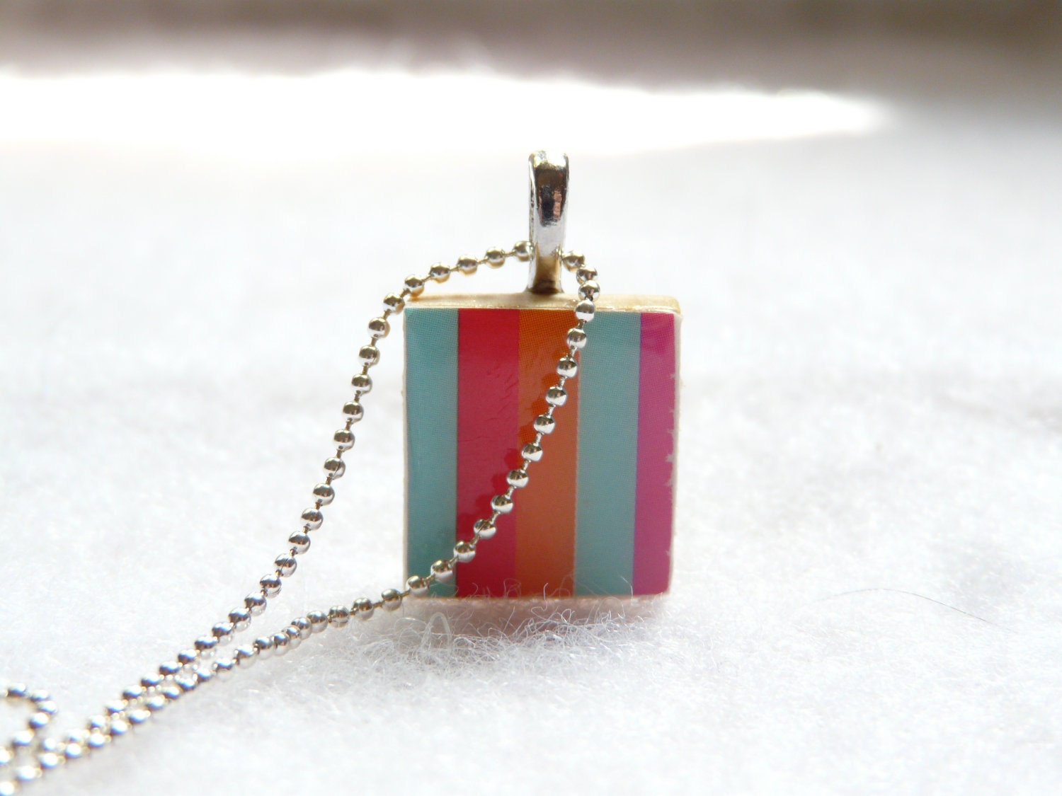 CLEARANCE -  Multicolor Striped Scrabble Tile Pendant With Silver Ball Chain Necklace (A6)