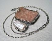SALE Druzy Necklace with Keshi Pearl, Peach Micro Druzy, Bezel Set