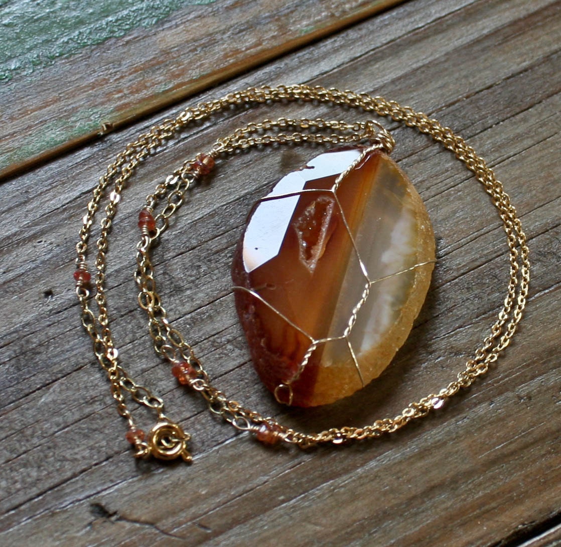 Tangerine Agate Necklace with Druzy and Sapphires