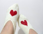 Love, Red Heart, Slippers, Home Slippers, Valentines Day Gift, Cream and Red Heart Cherry, Hand Embroidered, Heart Fashion