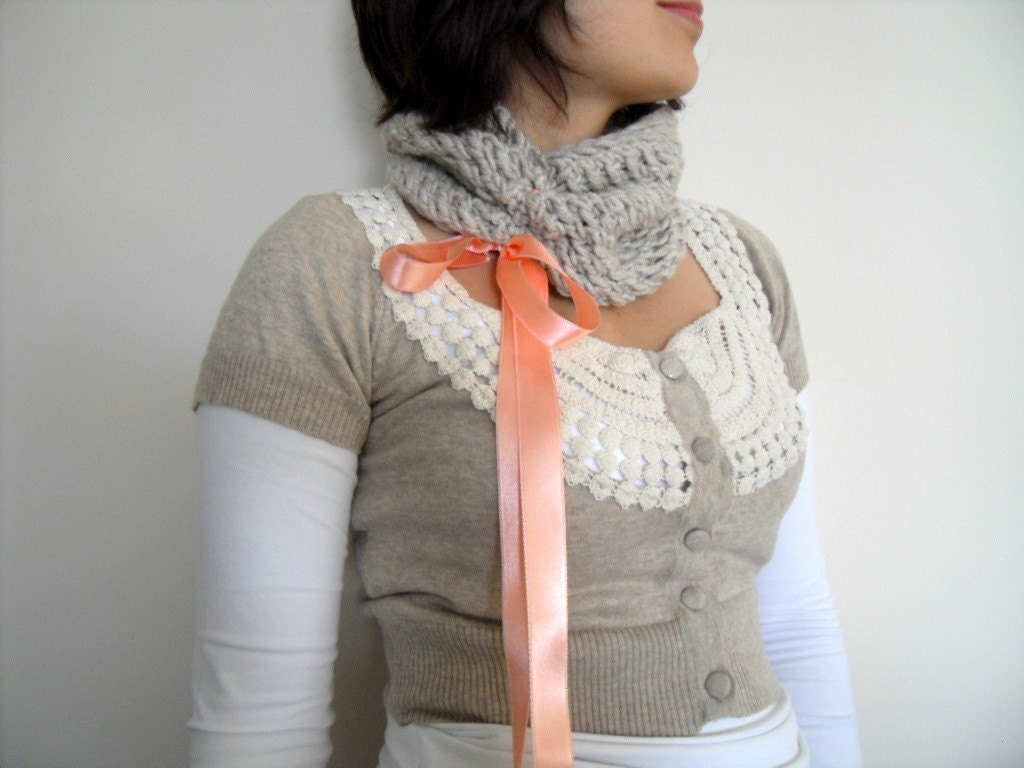 Beige Neckwarmer With Peachy Bow Ribbon-Gift For Her Necktie Winter Accesory TeamT