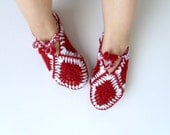 Granny Square Home Slippers Garnet Slippers White Red, Ruby, Burgundy Valentines Day Gift