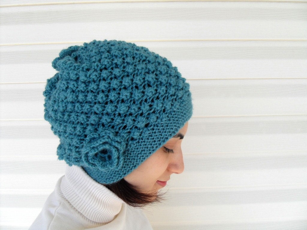Winter Fashion-Hand Knitted Hat Teal Green Slouchy Ribbed Chunky Cute Hat, Beanie,Beret,Spring Fashion Pure Pale Winter Accessory-TeamT