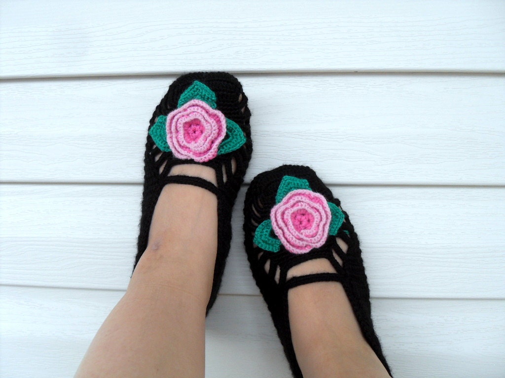 Turkish Home Slippers Pink Flower On Black Slippers- Valentines Day Gift Winter Fashion Hand Crocheted Slippers