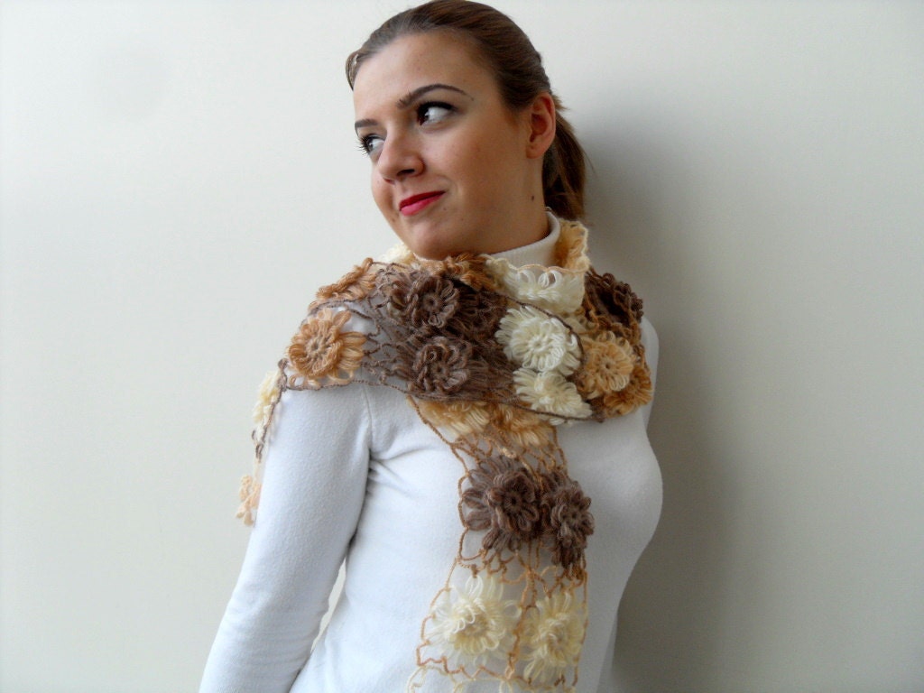 Mocha Shawl, Earth Tones Shawl, Neckwarmer,Lovely Flowers,Multicolor Sparkling Variegated Yarn,Gift For Her, Mum,Sisters TeamT