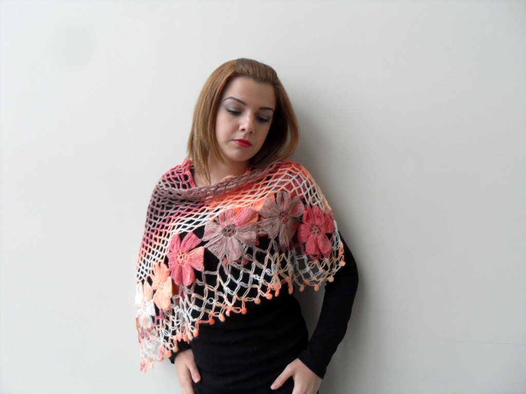 Crocheted Shawl Dahlia Flower Shawl Triangle Shawl Wrap Dusty Peach Pink Orange Light Brown Earth Tones Winter Accessory