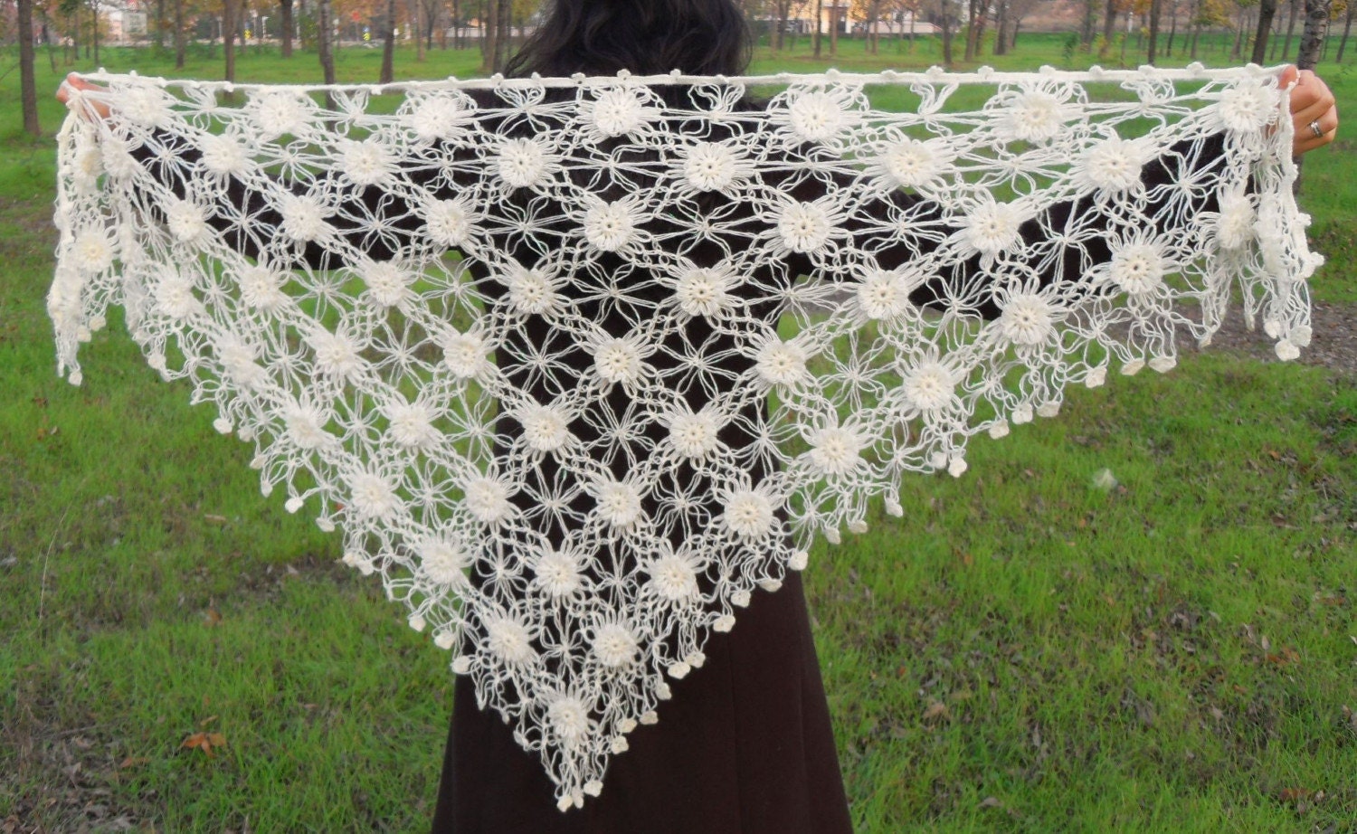 Bridal Shawl-Hand Knitted Ivory Romantic Shawl With Cheerful Flowers And Sym-Valentine's day Day Tulip TeamT