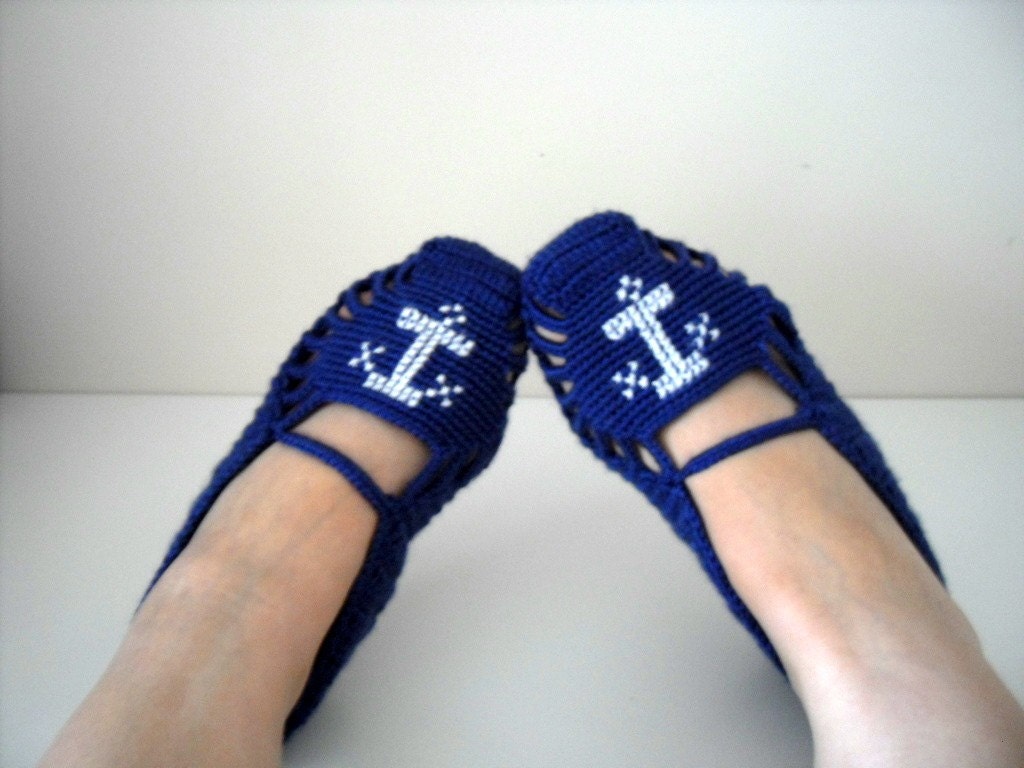 Sailor Home Slippers Anchor Sea - Navy Blue And White Slippers Winter Washion Hand Embroidered Crochet Slippers