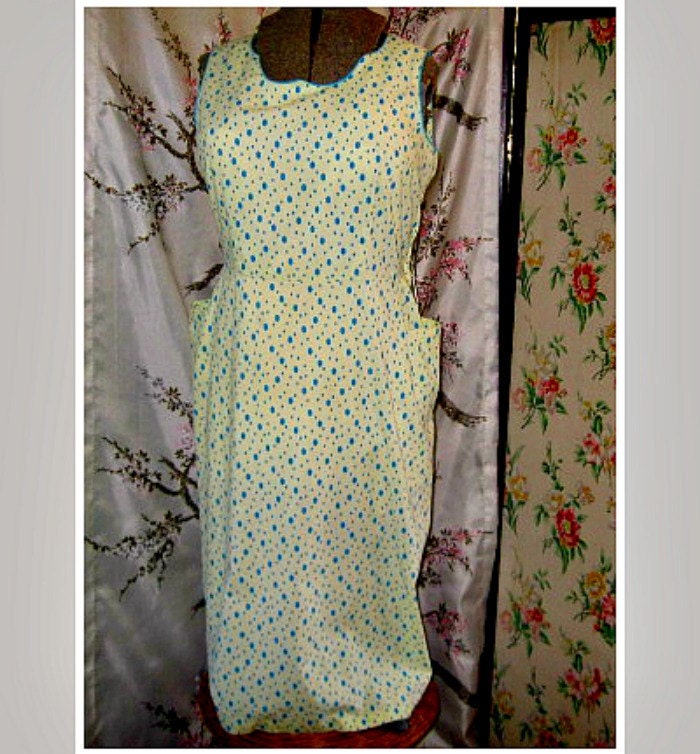 yellow blue dot large size vintage 50s dress summer sleeveless bobmshell