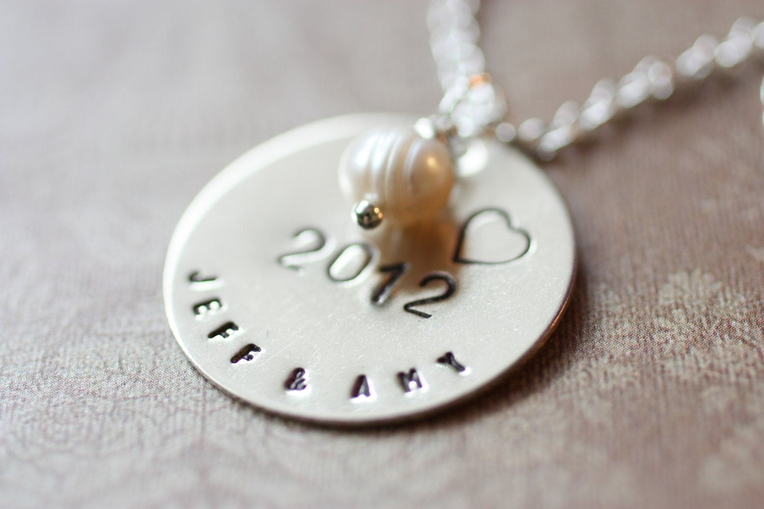 Wedding Gift Handstamped Necklace - Pearl Bride and Groom Names