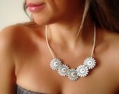 Tiny White Leather Flower Necklace With Mother of Pearls
