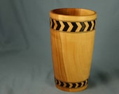 Apple Wood Pencil Cup or Vase with Two Woodburned Bands of Chevrons