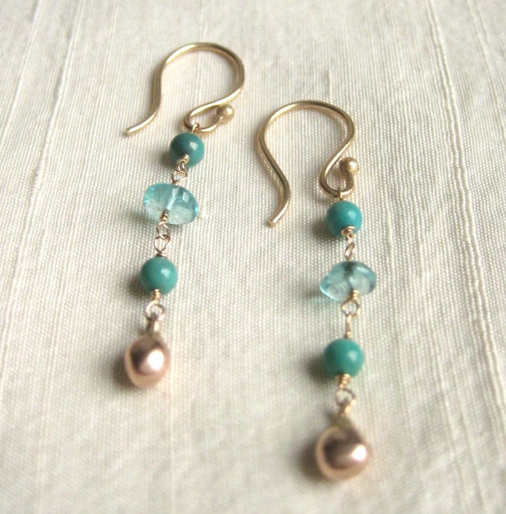 Apatite and Turquoise Solid 14k Rose Gold Dangle Earrings