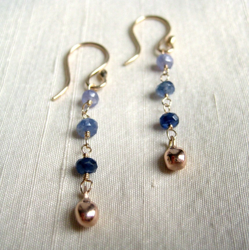Kyanite Sapphire Tanzanite Solid 14k Pink Gold Dangle Earrings