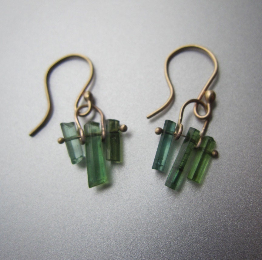 Green Tourmaline Crystal Stick Solid 14k Gold Earrings