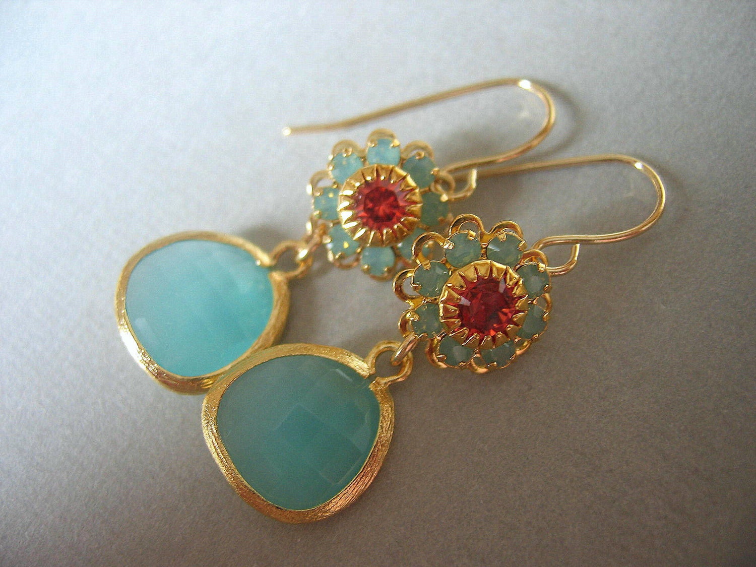 Aqua Glass Floral EarringsBridesmaids Jewelry, Bridal Jewelry
