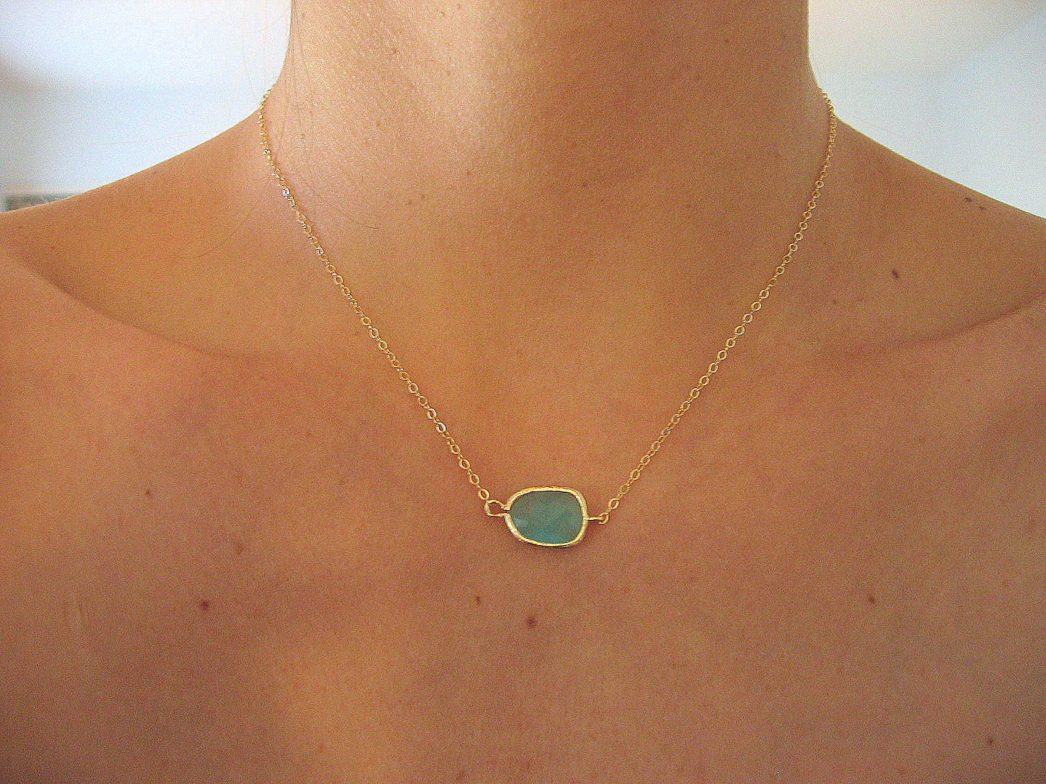 Asymetrical Aqua Necklace,  Gold Necklace
