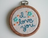 I Love You Embroidered Hoop Art - 3 inch - Turquoise and Orange
