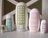 City Buildings Nesting Dolls - Set of 5 - Hand Painted Matryoshka
