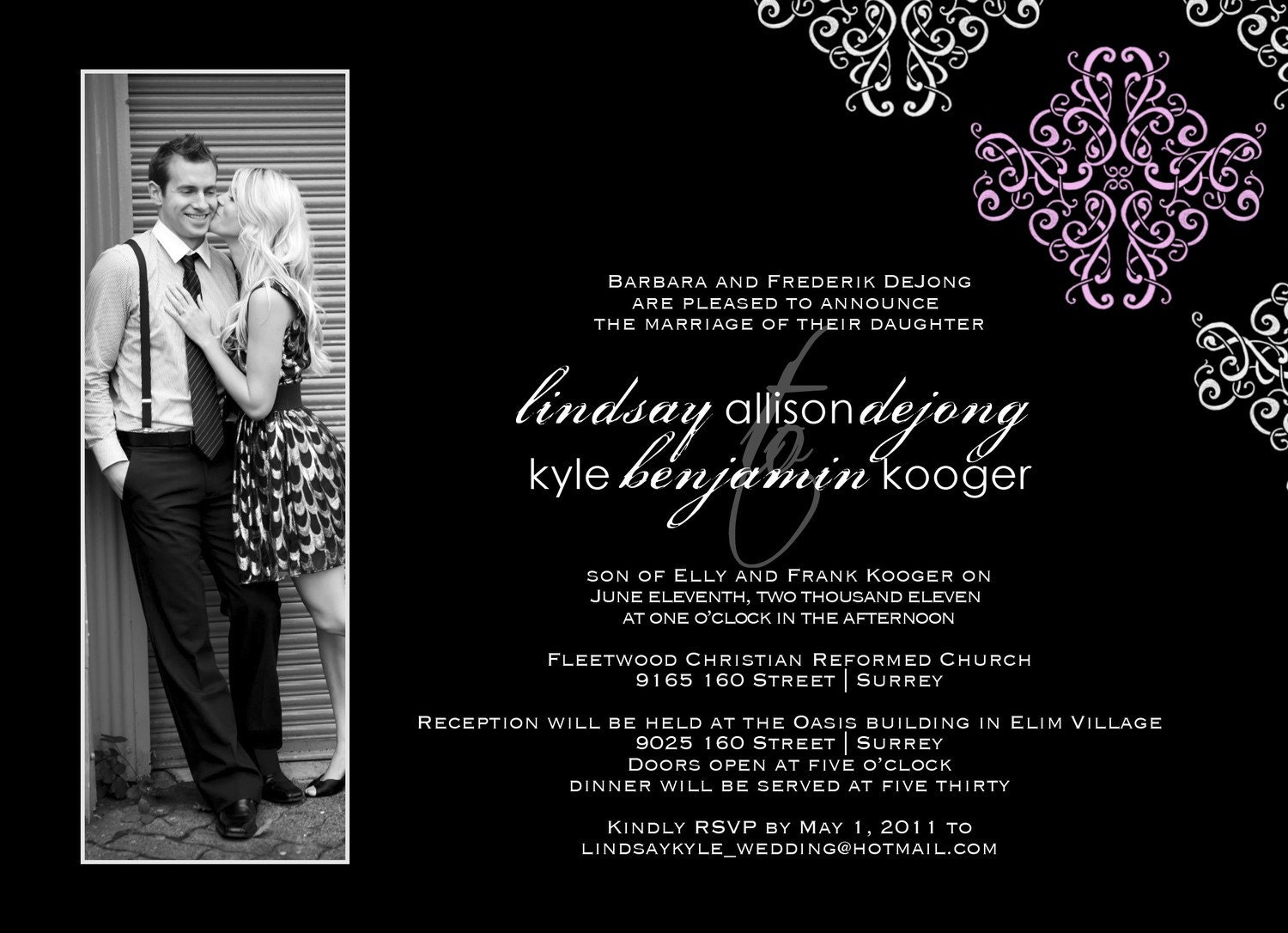 Wedding Announcement - Lindsay - Elegant - Modern - Simple - Black and White - Damask -Photo Card