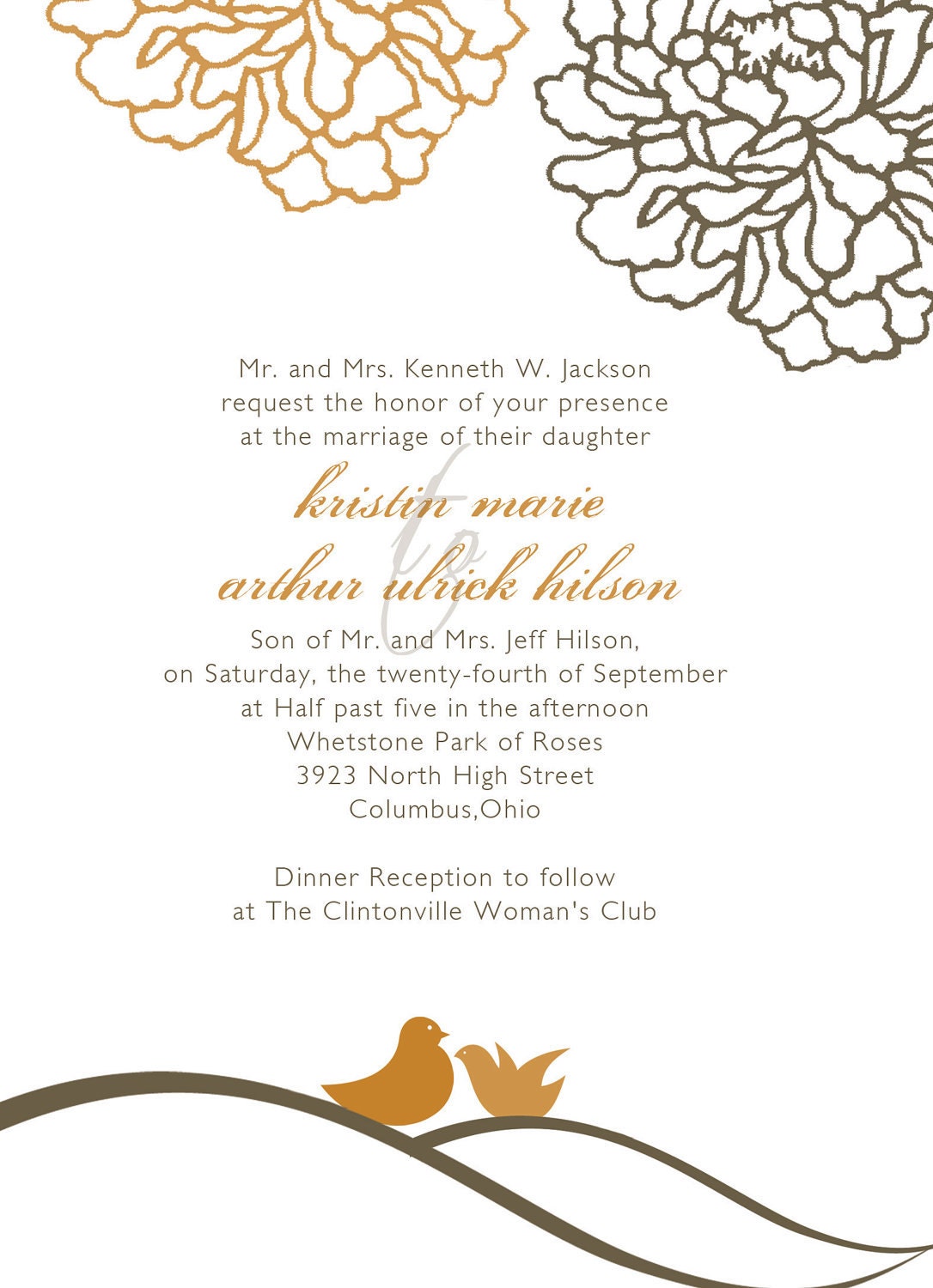 Love Birds - Flowers, Branches, and Birds - Wedding Invitation