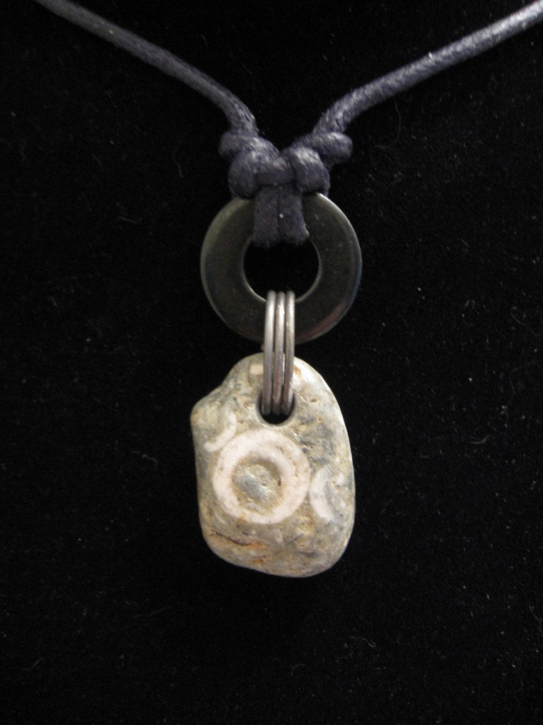 urban artifact necklace - Lake Michigan crinoid hash coral fossil stone, black washer