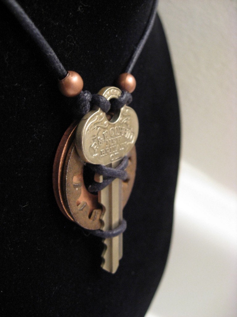 urban artifact necklace - vintage key, copper washer, rusty gear shaped lock washer, copper beads