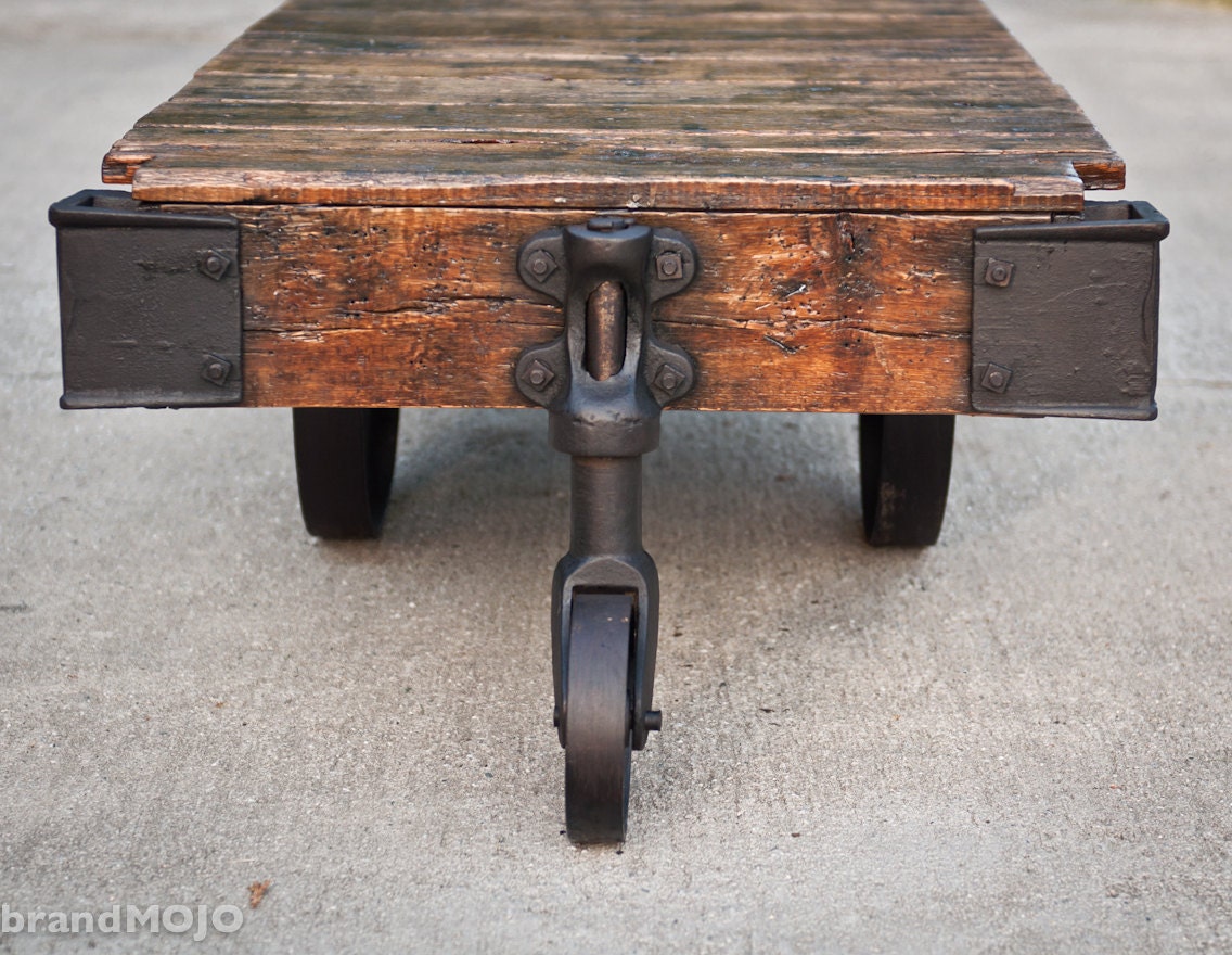 Vintage Industrial Factory Cart Coffee Table - 48L x 27w x 16.5t - very early furniture salvaged repurposed weathered rustic in stock