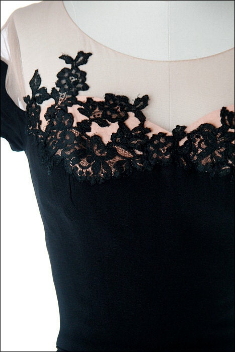 Vintage 1950s Dress . Black Rayon Crepe . Peggy Hunt . Illusion Bodice . Black Lace . M/L . 1471