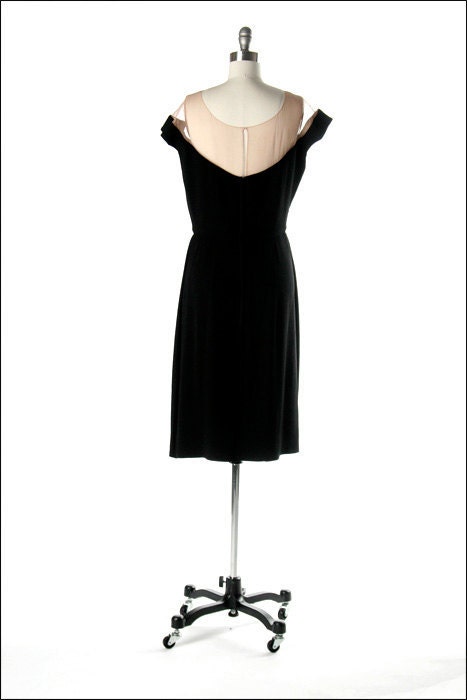 Vintage 1950s Dress . Black Rayon Crepe . Peggy Hunt . Illusion Bodice . Black Lace . M/L . 1471