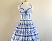 Blue and White Olive Branch Print Halterneck Bustier Dress - made by Dig For Victory