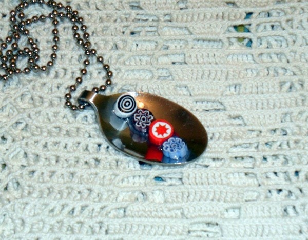 SALE upcycled teaspoon miliflori pendant blue and orange