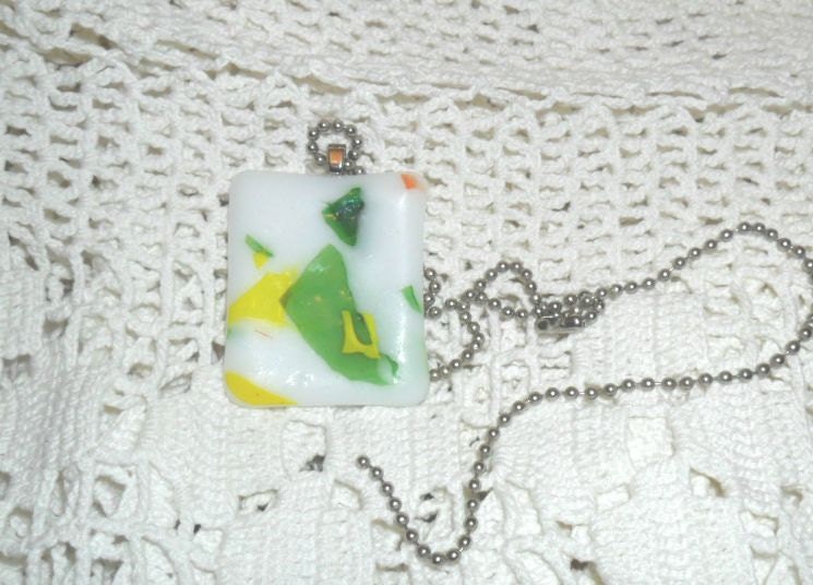 fused glass pendant - white, green, orange and yellow