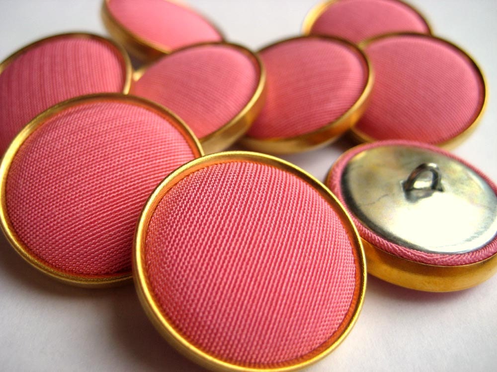 Vintage  Coat Buttons Set of 9 Gold Edged Pink Fabric Covered Metal  7/8 inch UNUSED