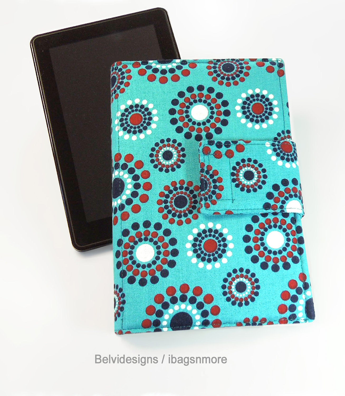 Nexus 7 or Kindle Fire (original) case cover - Book style - Dots circles navy-blue red white on teal
