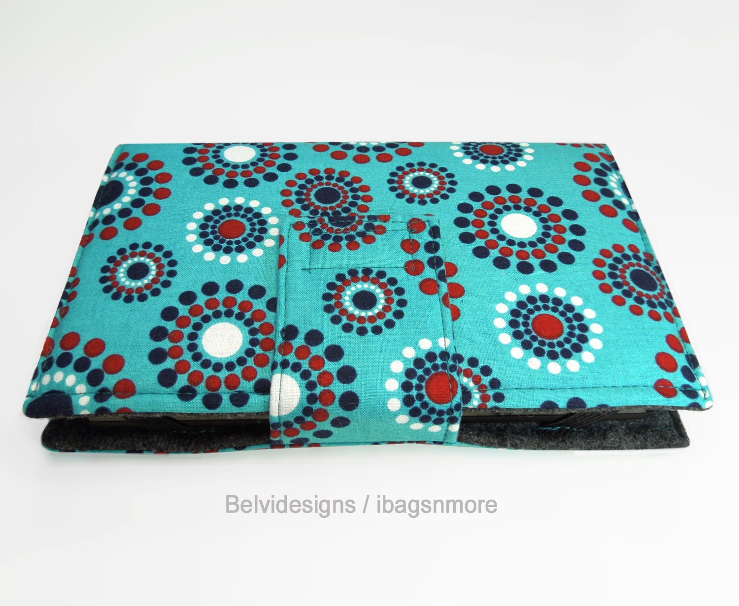 Nexus 7 or Kindle Fire (original) case cover - Book style - Dots circles navy-blue red white on teal