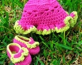 Baby Hat and Bootie Set in Hot Pink and Green - Watermelon READY TO SHIP