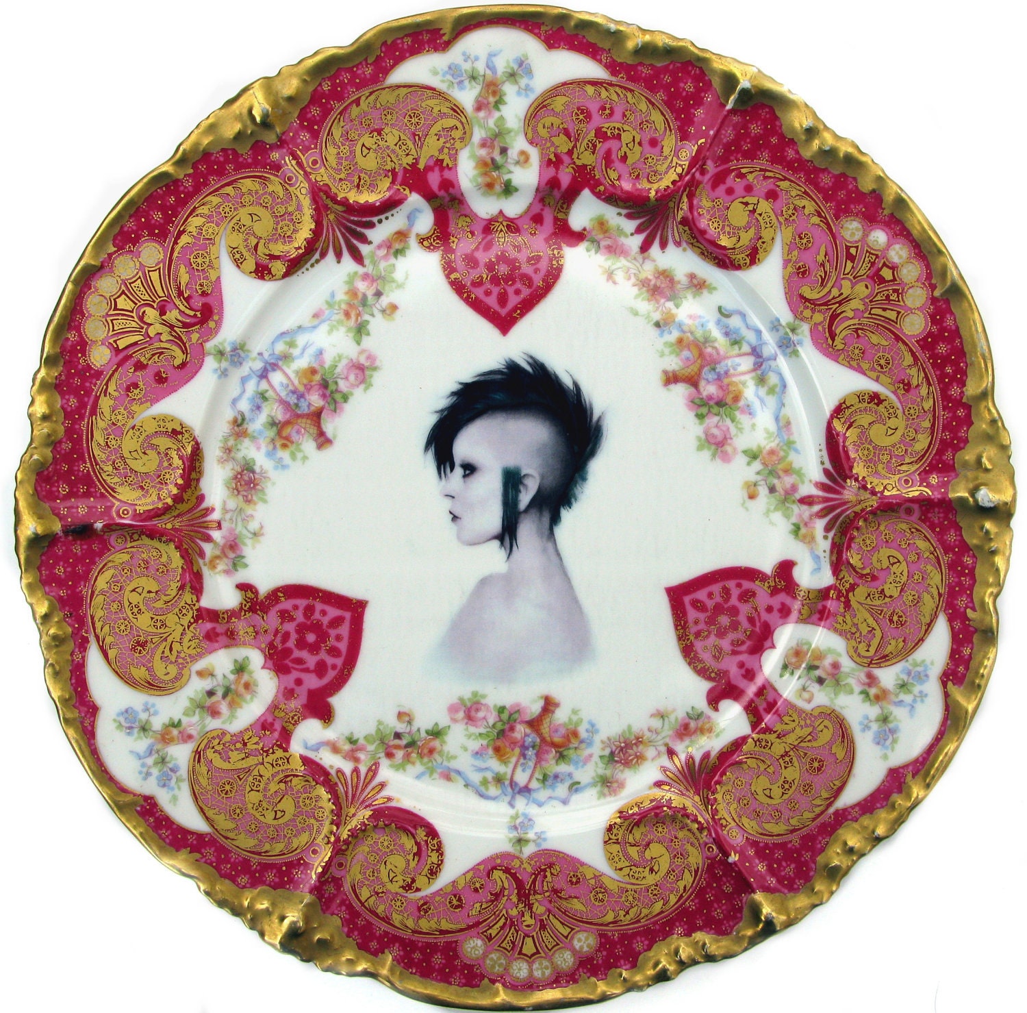 Modern Lady Portrait Plate - Altered Antique Limoges Plate