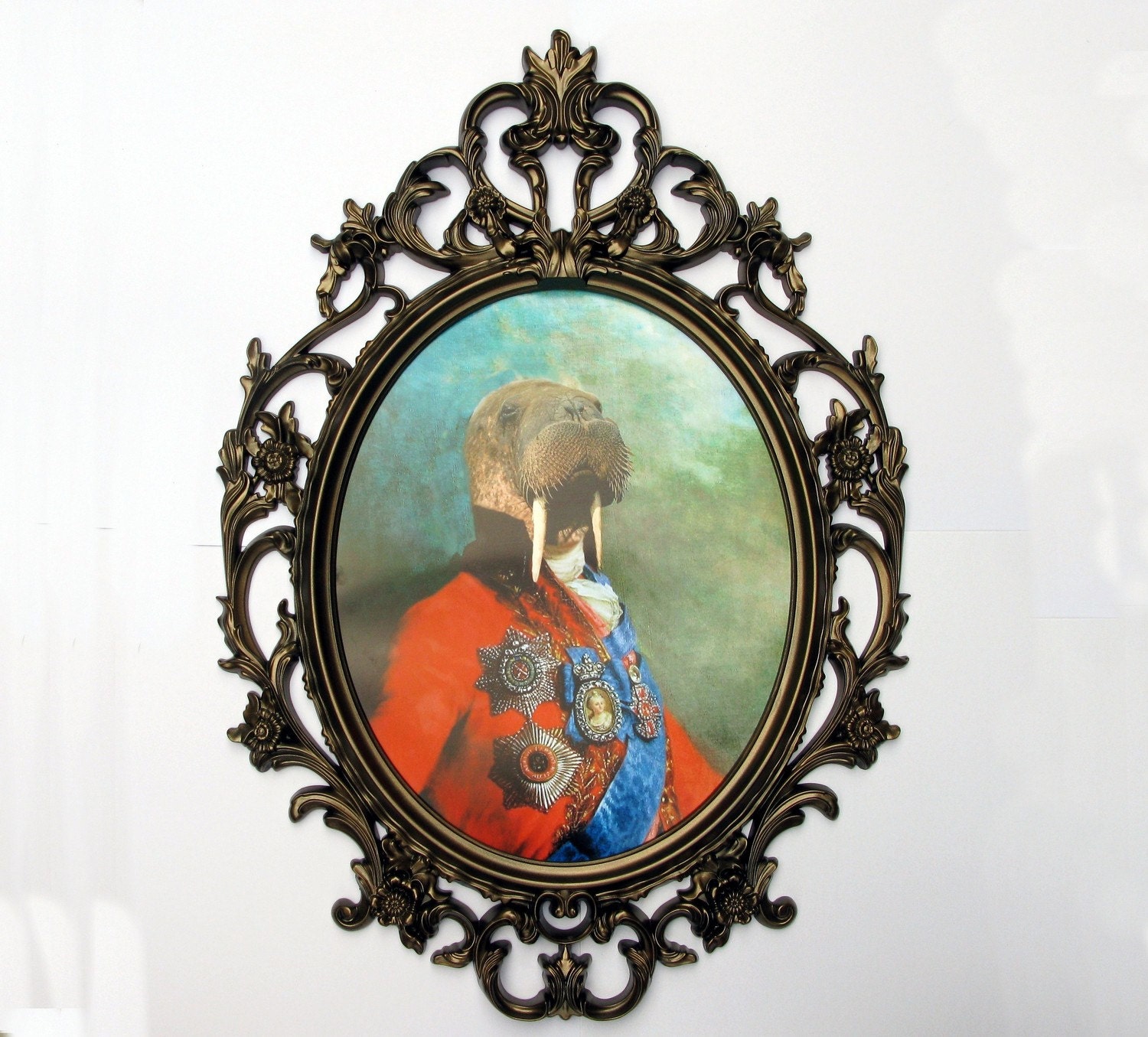 Sir Odobenus Rosmarus Portrait - Framed Fine Art Print - Huge Ornate Frame - Over 3 feet tall