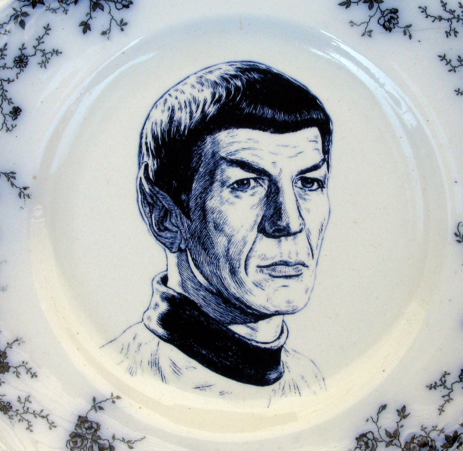 Flow Blue Spock Portrait Plate - Altered Antique Plate