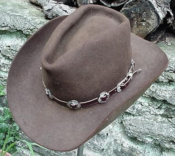 WESTERN HAT BAND Brown Leather w 10 Nickel Conchos