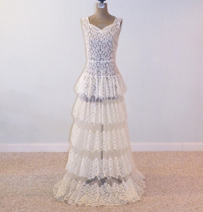Reserved Dress for Nia, 30s Dress, Ivory Cream Floral Lace Full Length Wedding Evening Dress, Full Tiered Skirt, Hollywood Starlet, Art Deco