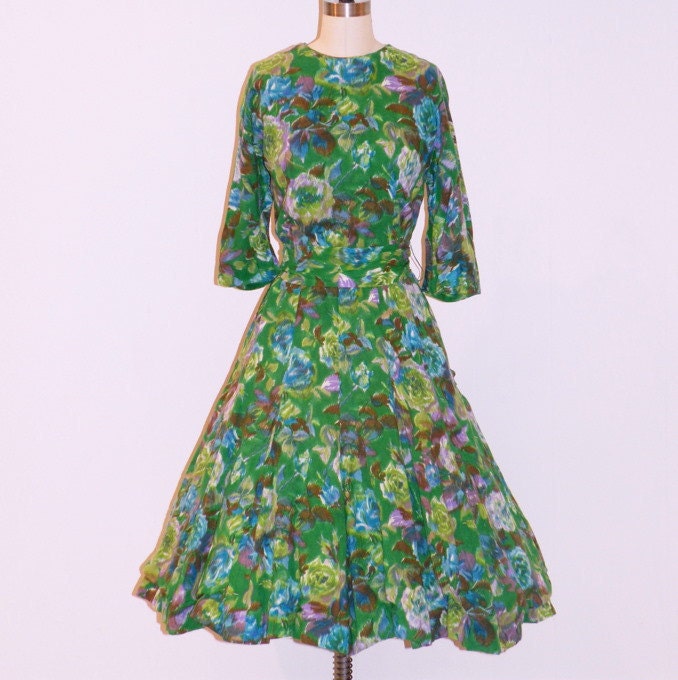 1950s Floral Dress, Samuel Grossman Dress, Green Vintage 50s Roses Cotton Full Skirted Day Dress, Rockabilly Swing Large