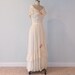 Antique Vintage 30s Cream Dotted Swiss Silk Flowers Full Length Garden Party Wedding Dress, Off Shoulder Ruffled Neckline, Romantic Chic