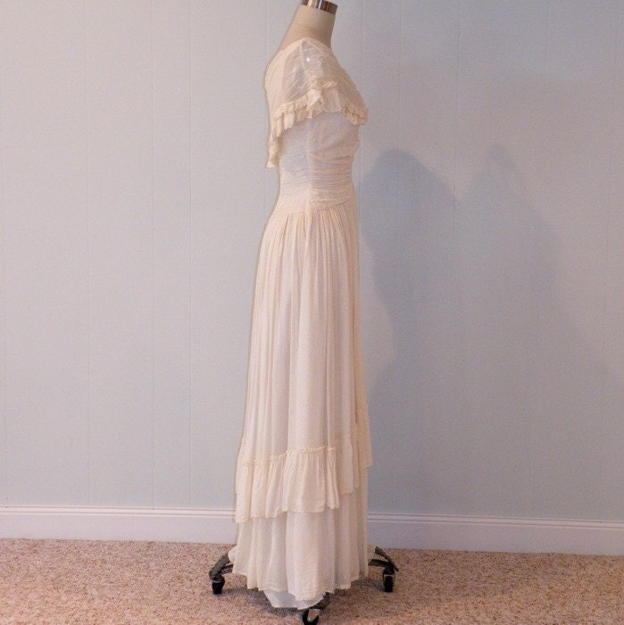 Antique Vintage 30s Cream Dotted Swiss Silk Flowers Full Length Garden Party Wedding Dress, Off Shoulder Ruffled Neckline, Romantic Chic