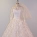 1950s 50s Wedding Dress, Ivory White Floral Chantilly Lace Tulle Beaded Sweetheart Wedding Gown, Full Skirt, Rosette Accents, Beaded Veil