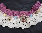 Lace Choker, steampunk collar with brass bells and recycled brooch centerpiece