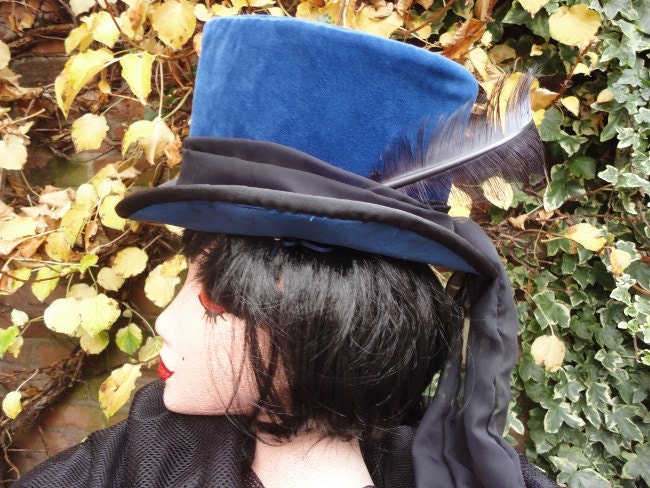 As the Crow Flies Top Hat, blue velvet steampunk inspired topper