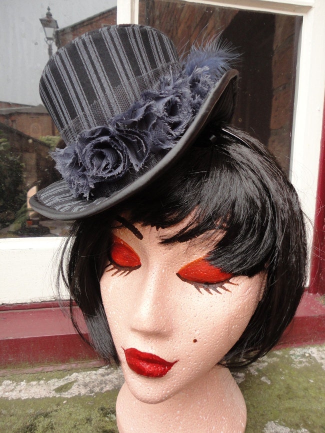 Top Hat. Rose of New Orleans Mini Top Hat, grey striped three quarter size topper, burlesque, steampunk, gothic.